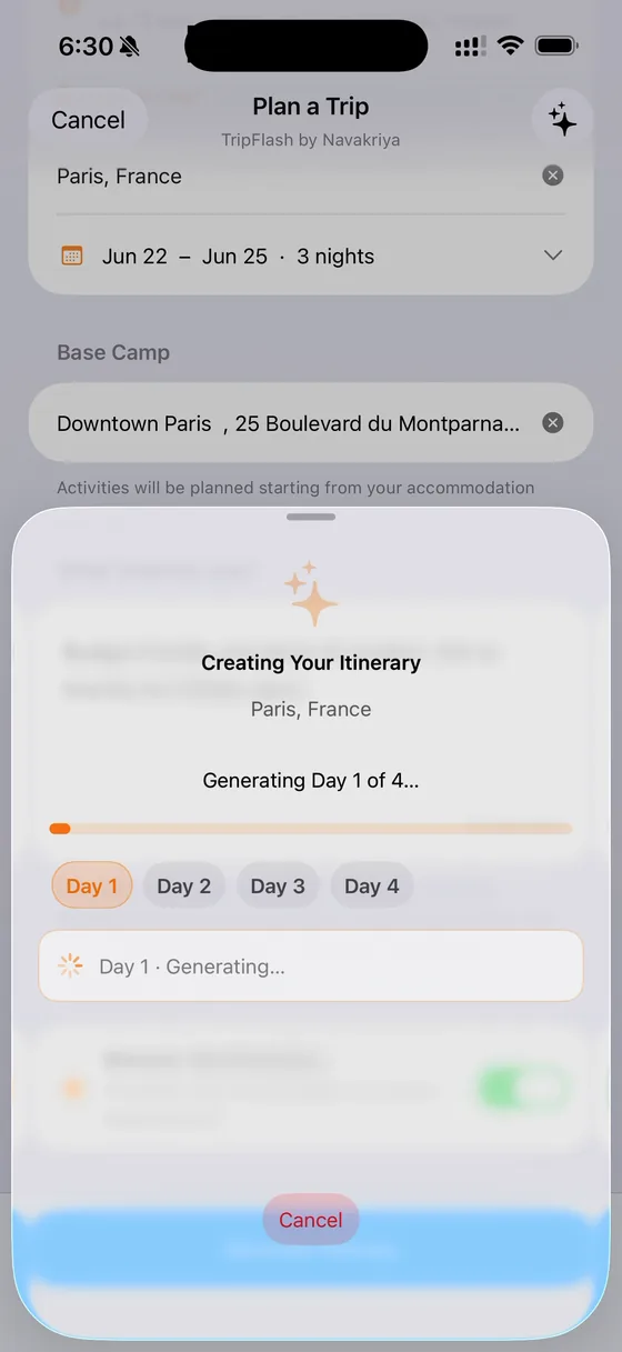 TripFlash generating the itinerary day by day