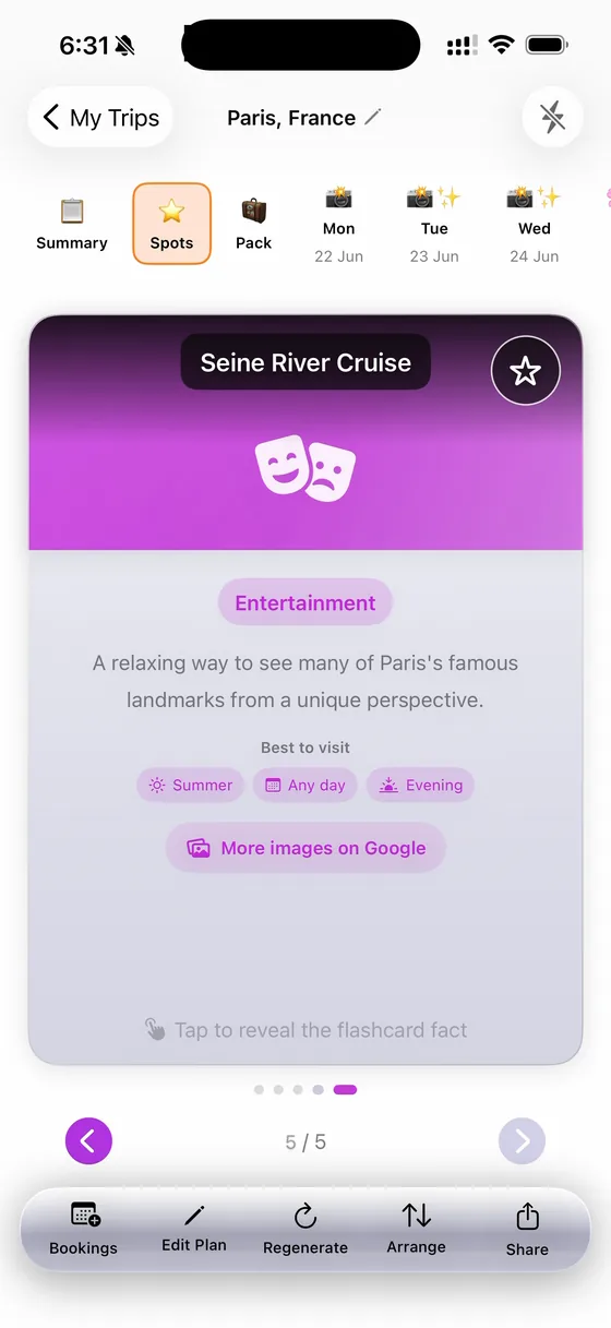 A TripFlash day plan — Seine River Cruise activity with highlights and schedule