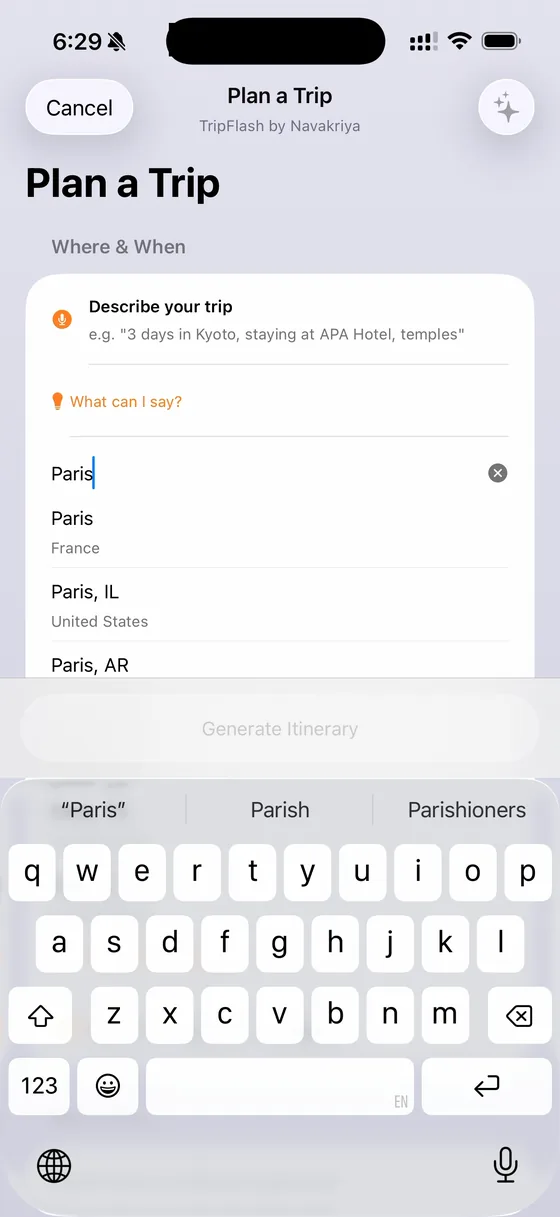 Describing a Paris trip in TripFlash