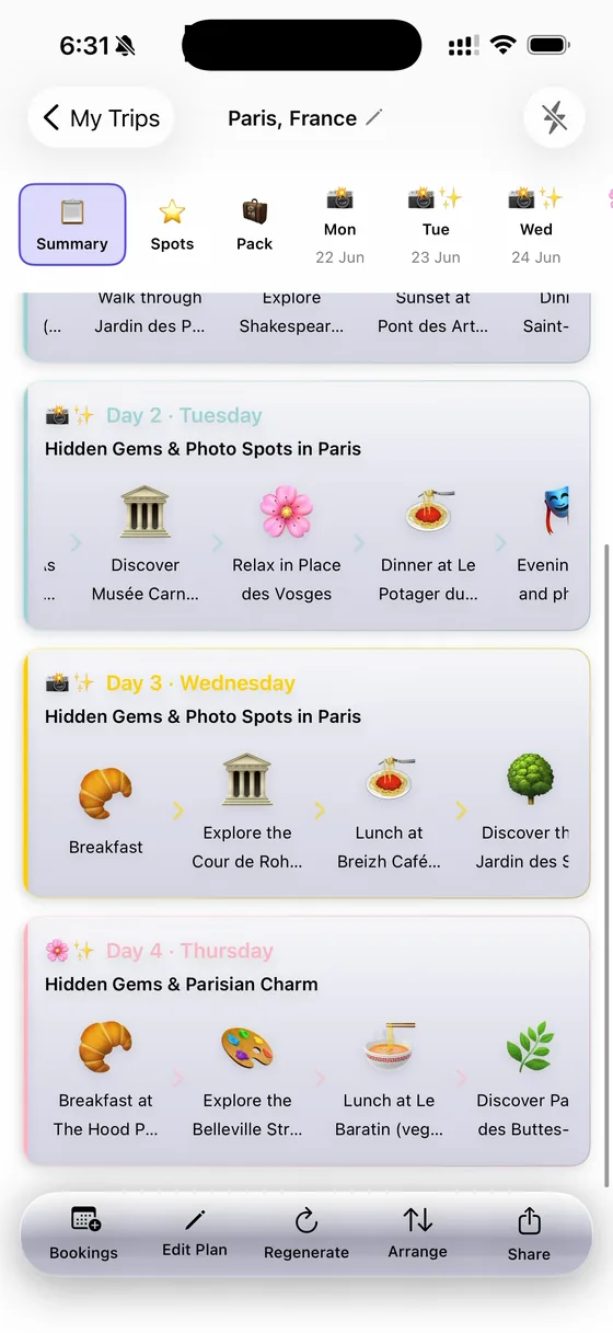 A multi-day Paris trip overview in TripFlash, organised day by day