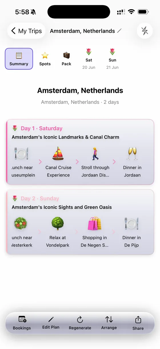 A 2-day Amsterdam trip summary in TripFlash