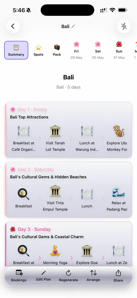 A 5-day Bali trip summary in TripFlash