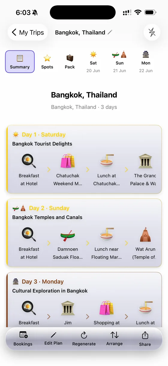 A 3-day Bangkok trip summary in TripFlash