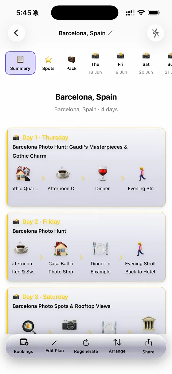 A 4-day Barcelona trip summary in TripFlash