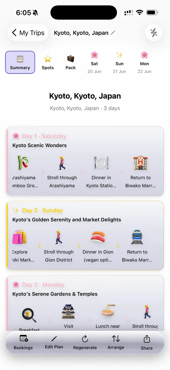 A 3-day Kyoto trip summary in TripFlash