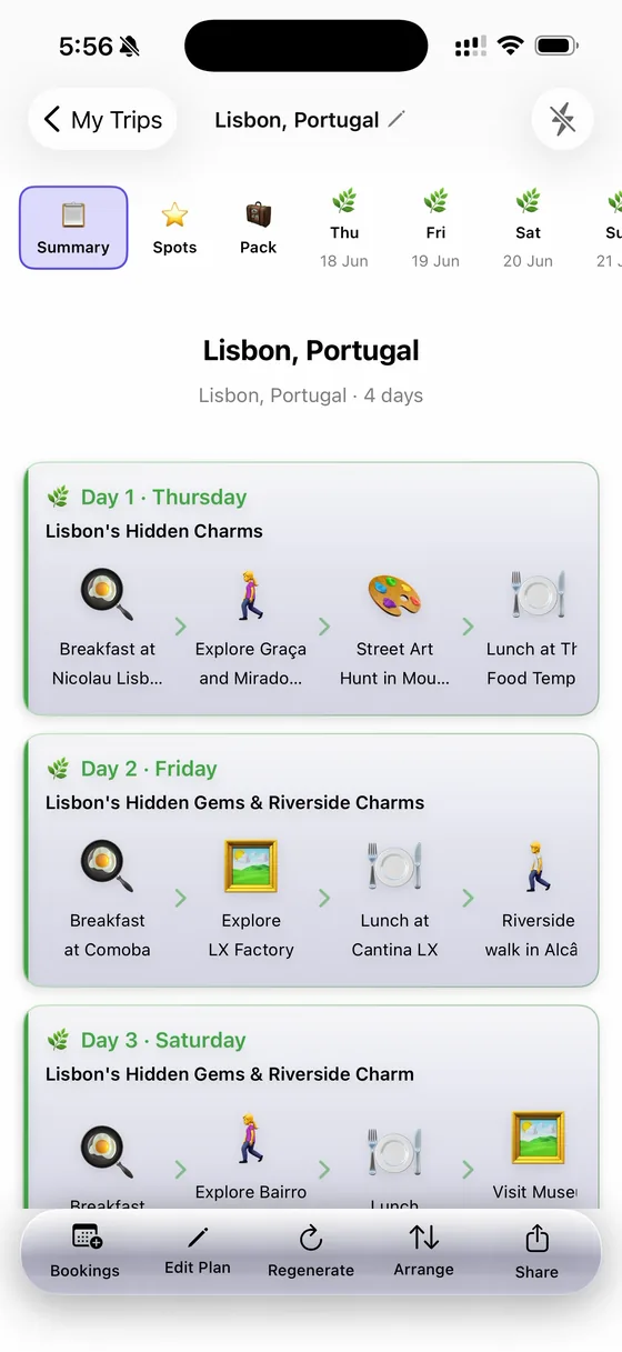 A 4-day Lisbon trip summary in TripFlash