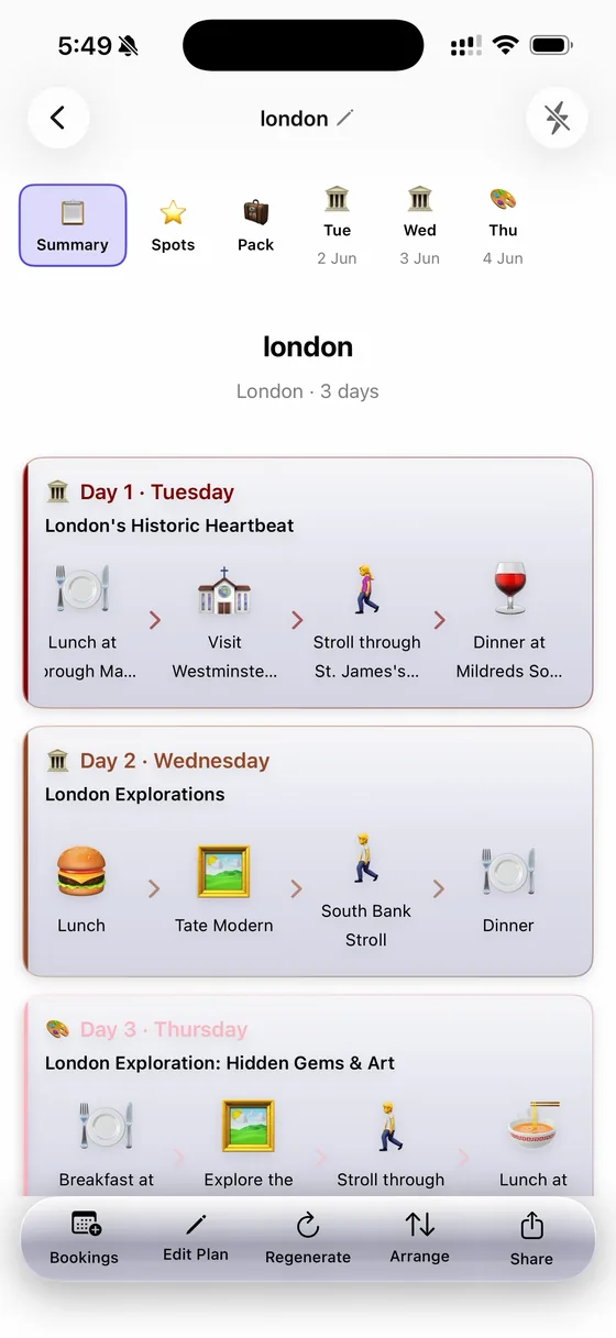 A 3-day London trip summary in TripFlash