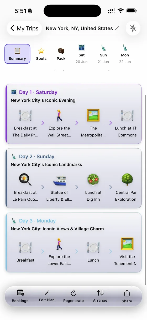 A 3-day New York City trip summary in TripFlash