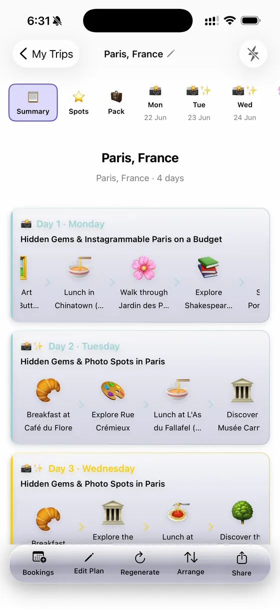 A finished 4-day Paris itinerary in the app