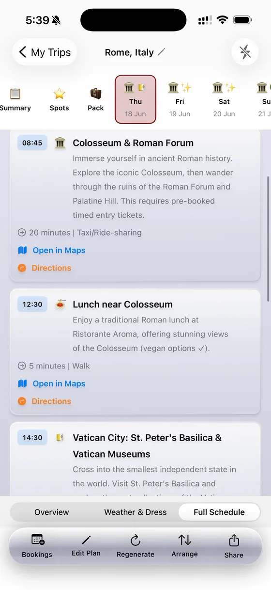 A detailed Day 1 schedule in TripFlash — Colosseum, Roman Forum and Vatican City