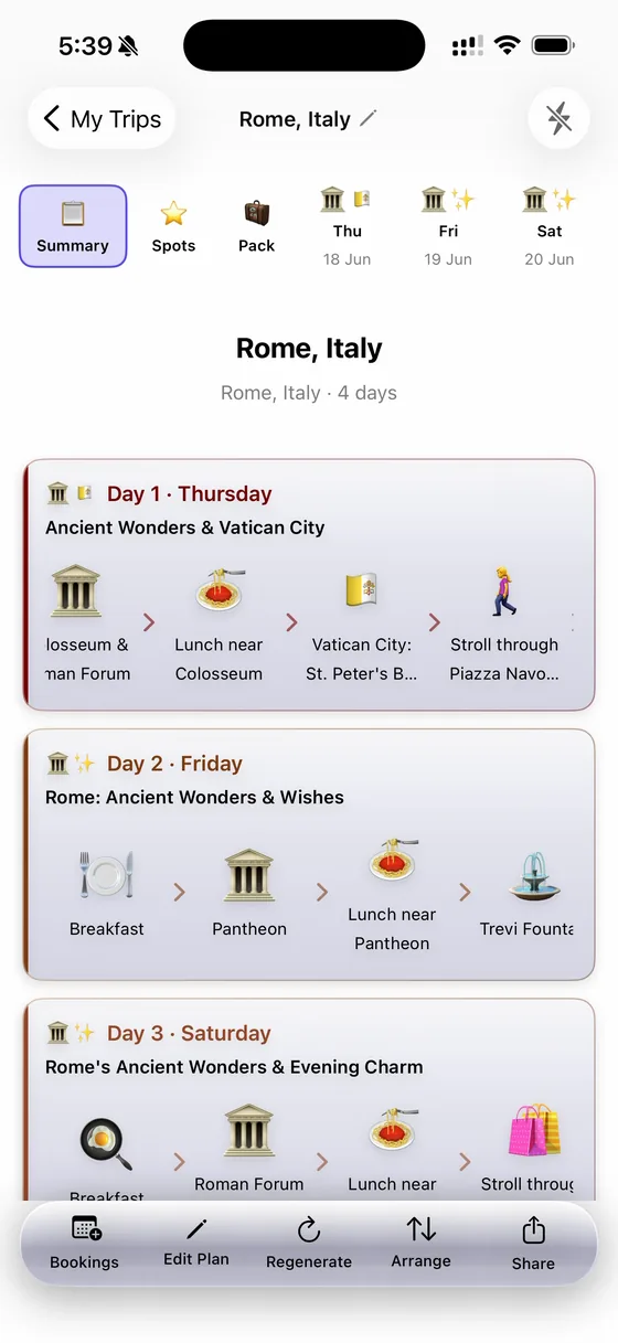 A 4-day Rome trip summary in TripFlash